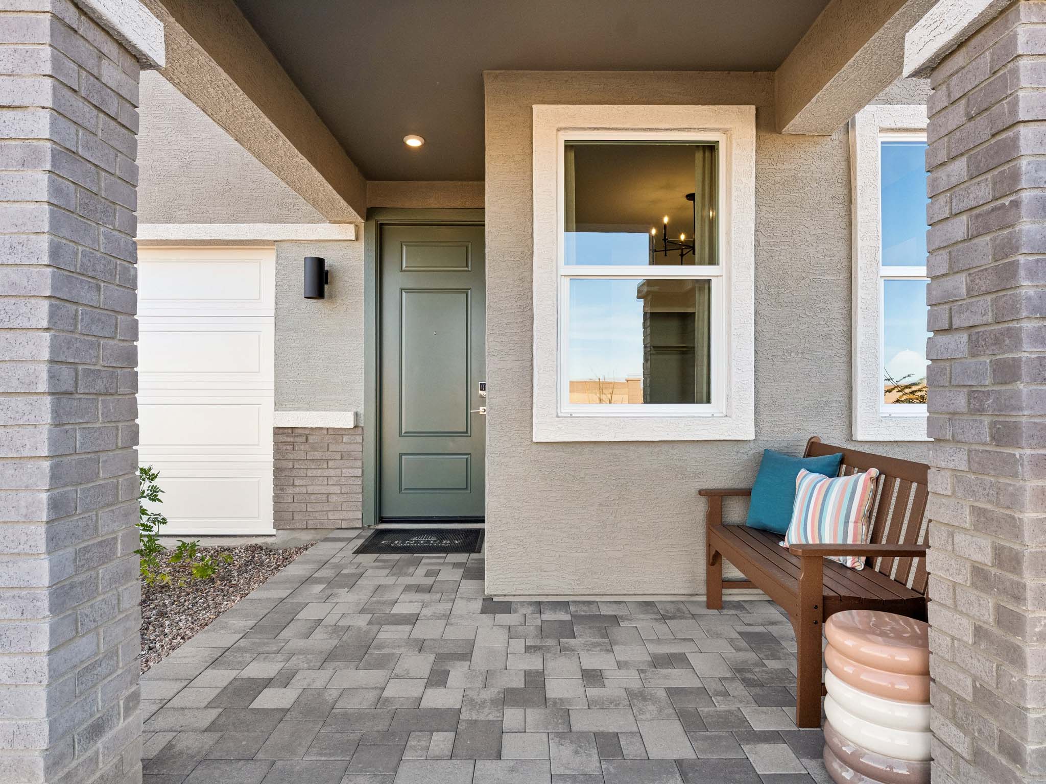 A bench in a stone building.
