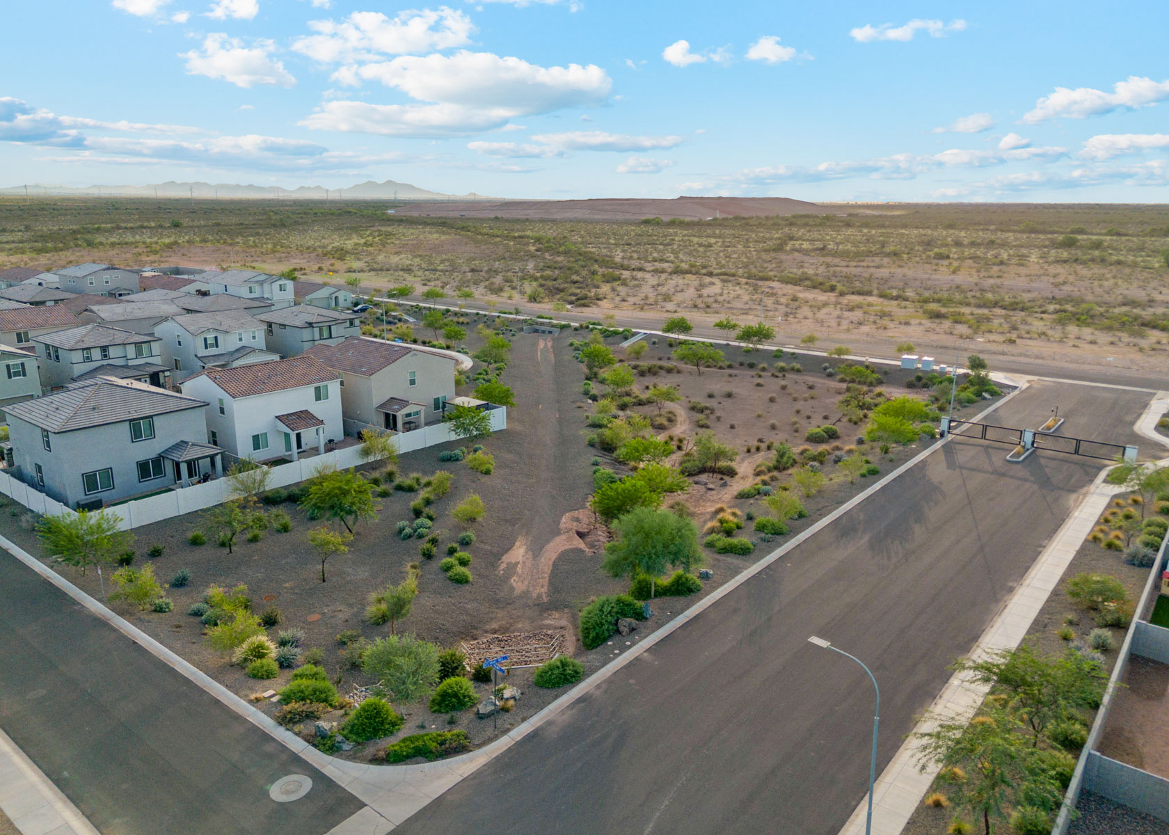 A road with houses and trees.