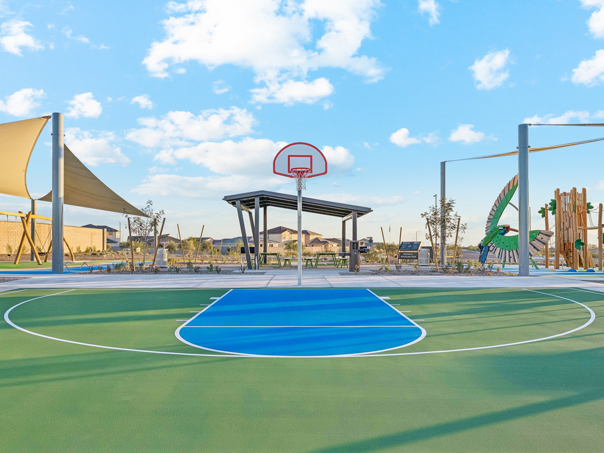 A basketball court with a basketball hoop.