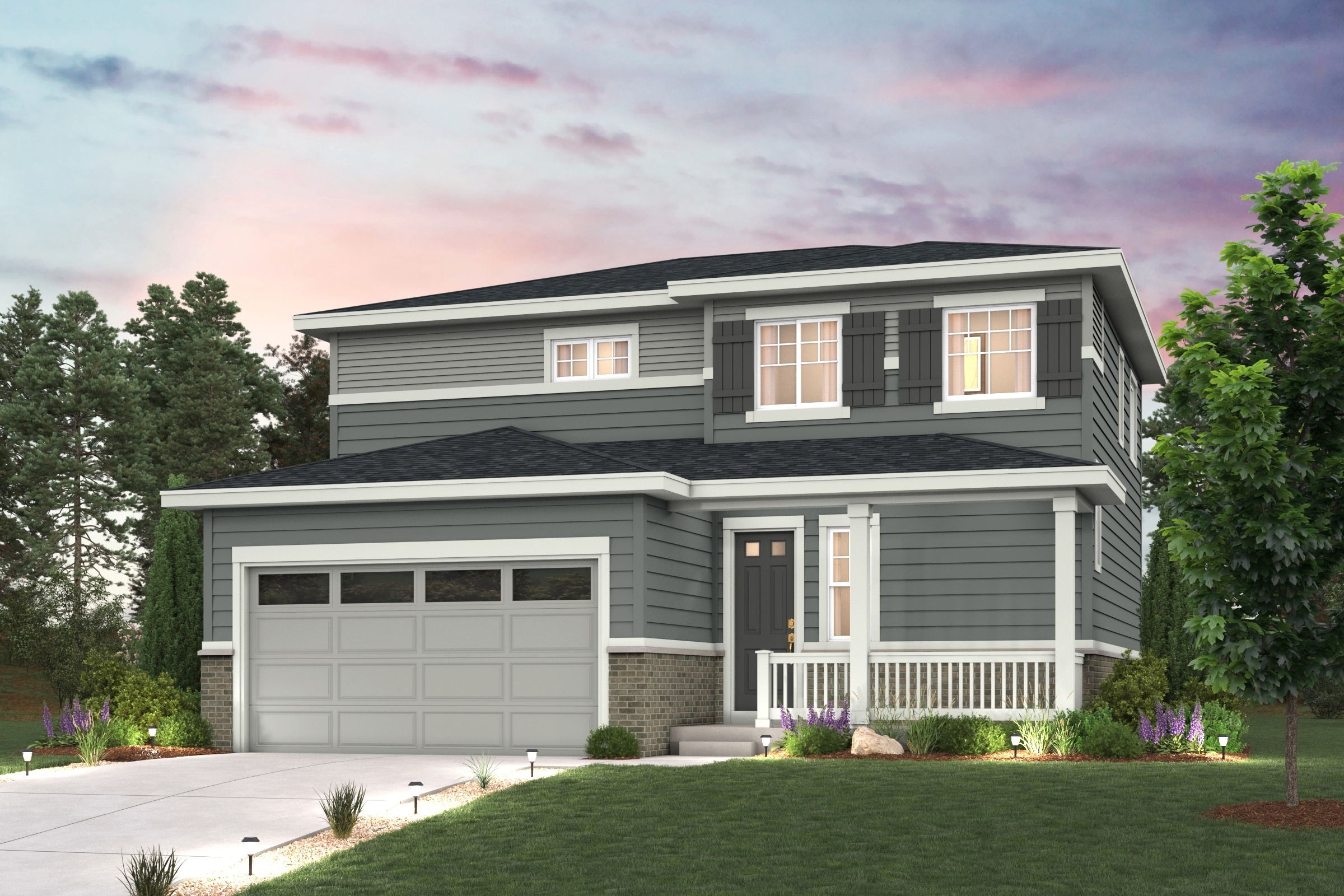 A house with a garage and trees. Hudson floorplan Elevation C