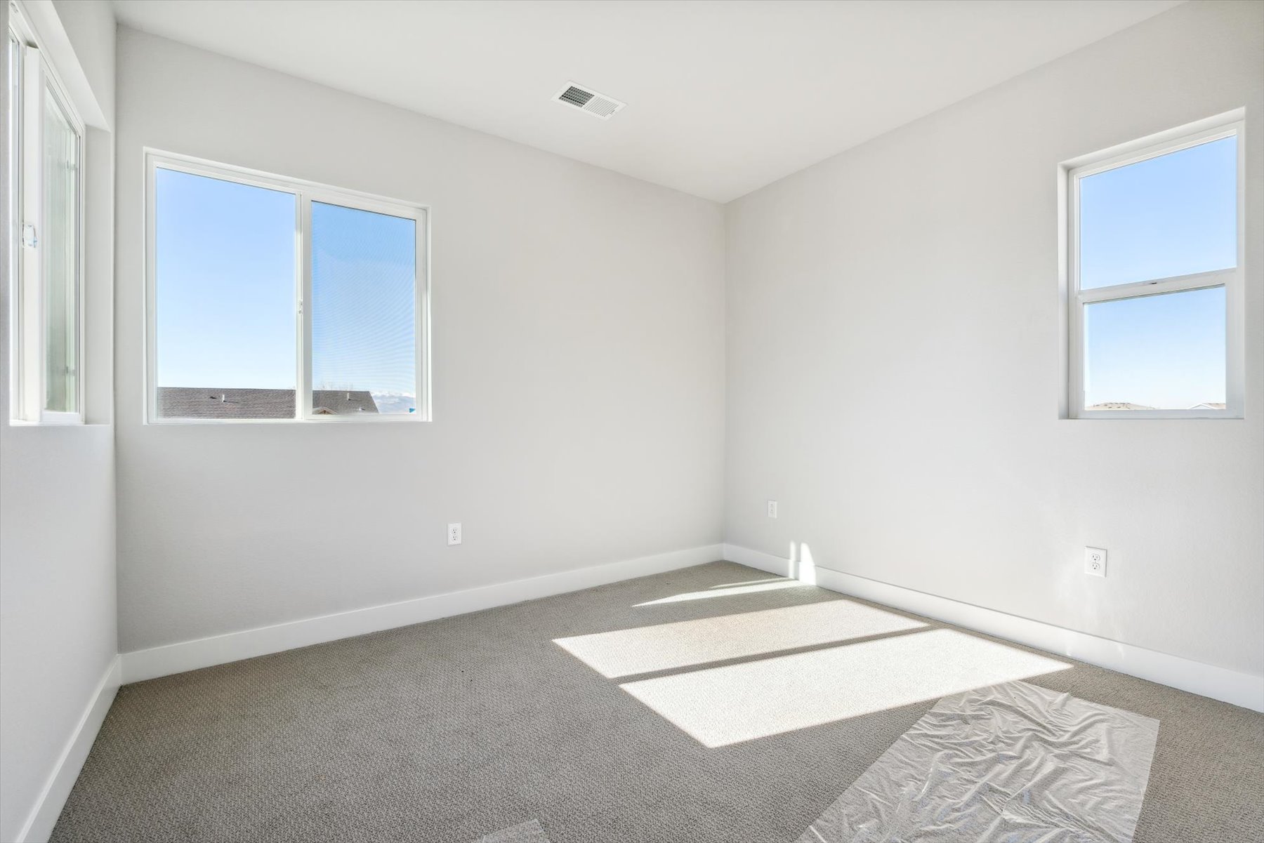 A room with a rug and windows.