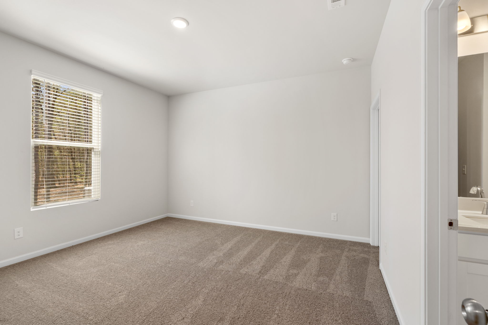 A room with a carpet and a window.