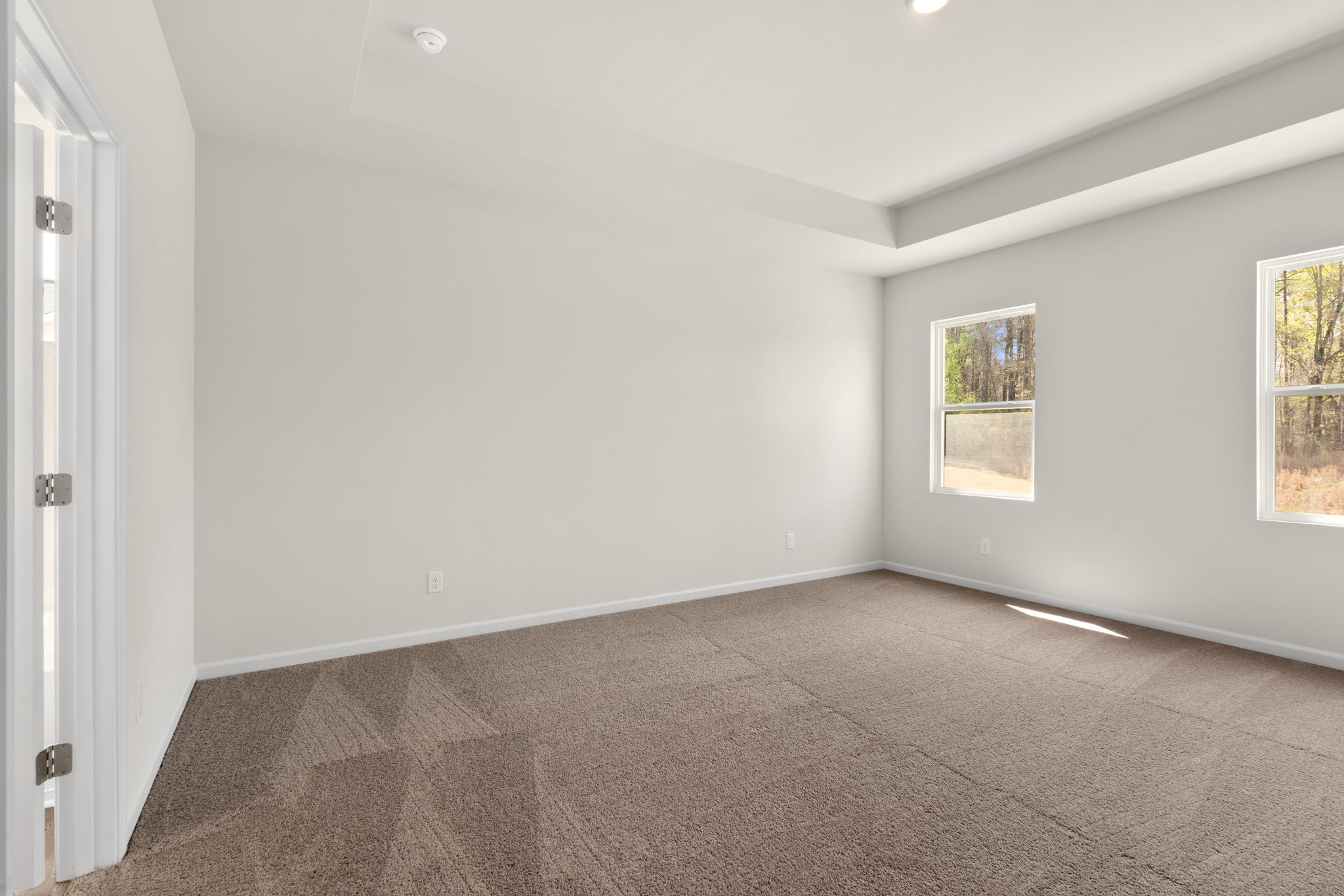 A room with a carpet and windows.