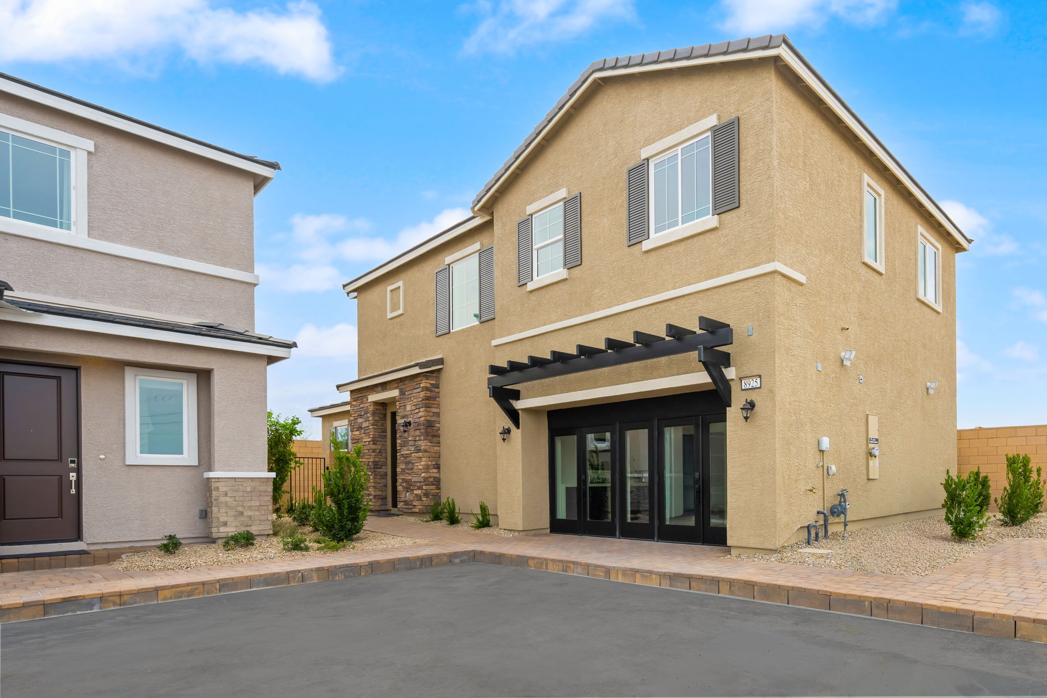 A building with a garage.