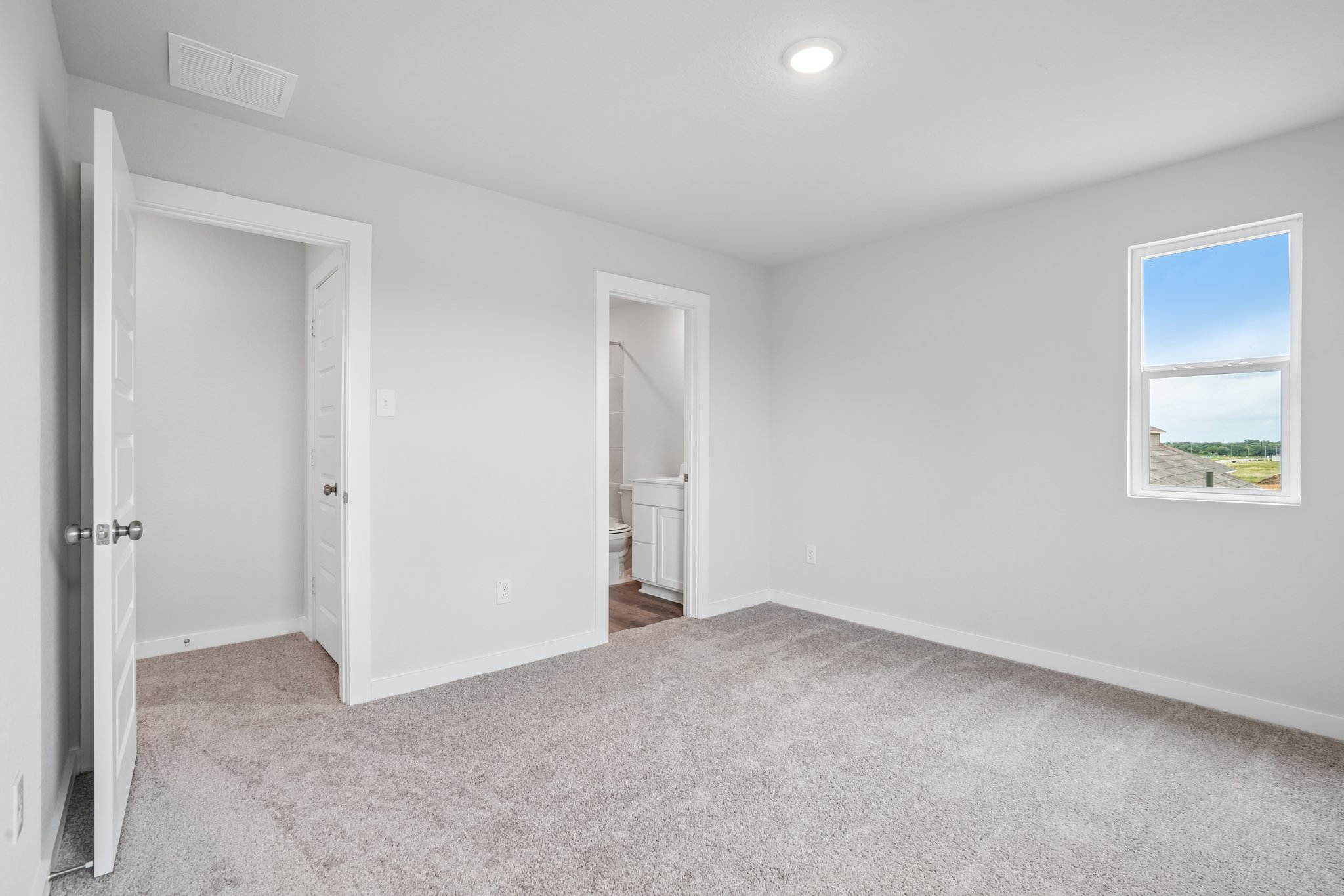 A room with a carpet and a door.