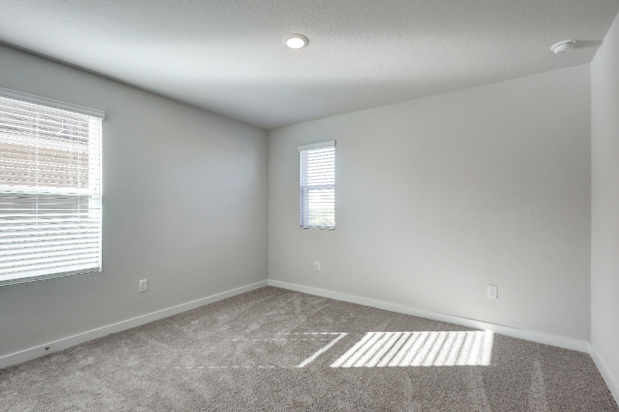 A room with a rug and a window.