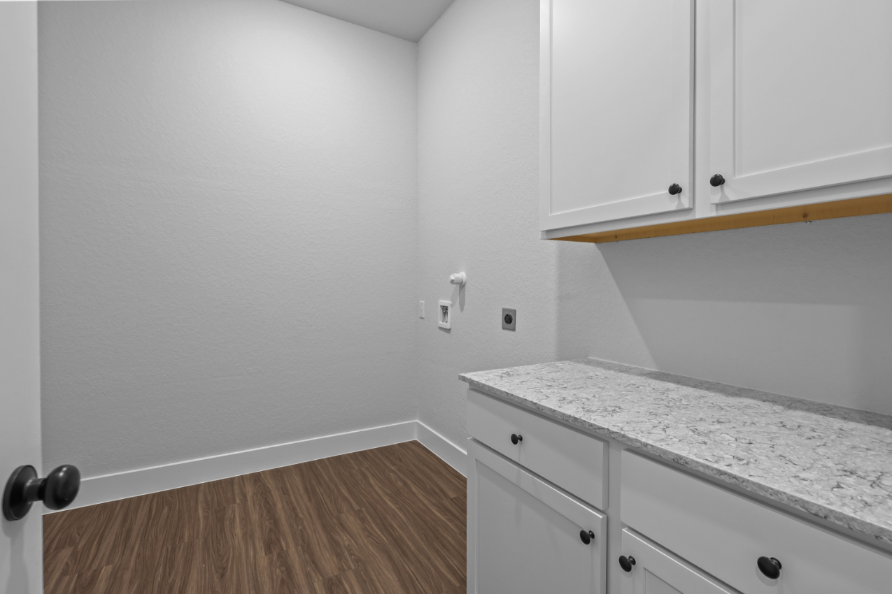 A kitchen with white cabinets.