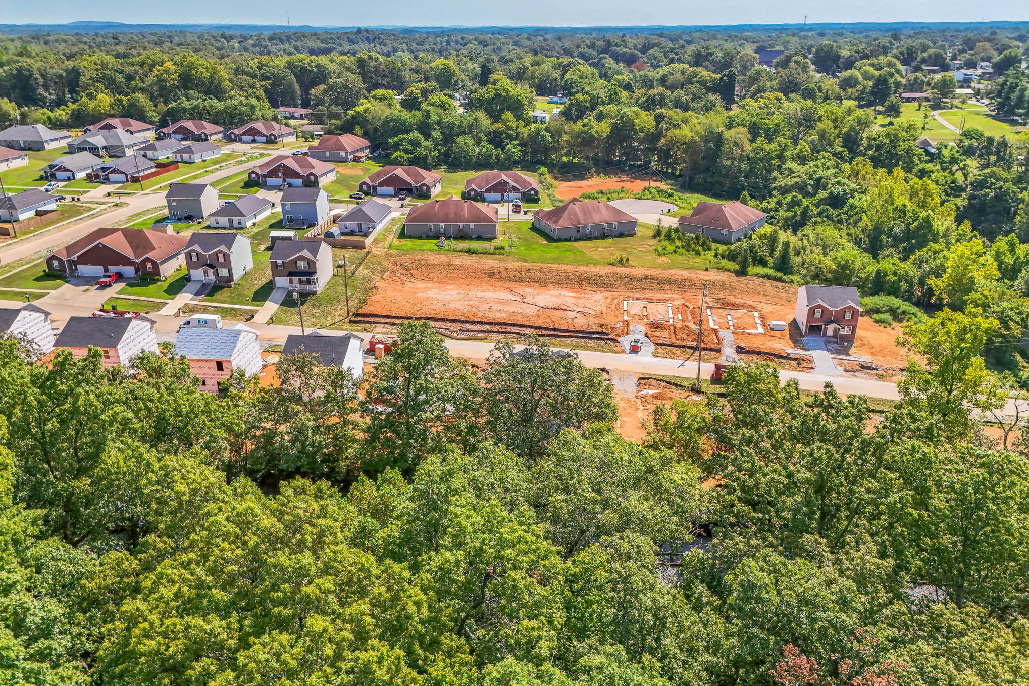 A group of houses surrounded by trees.