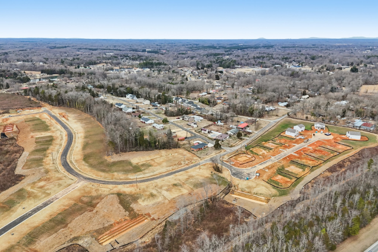 A landscape with houses and trees.